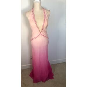 Jovani Pink Ombre Beaded Deep V Halter Gown - 6